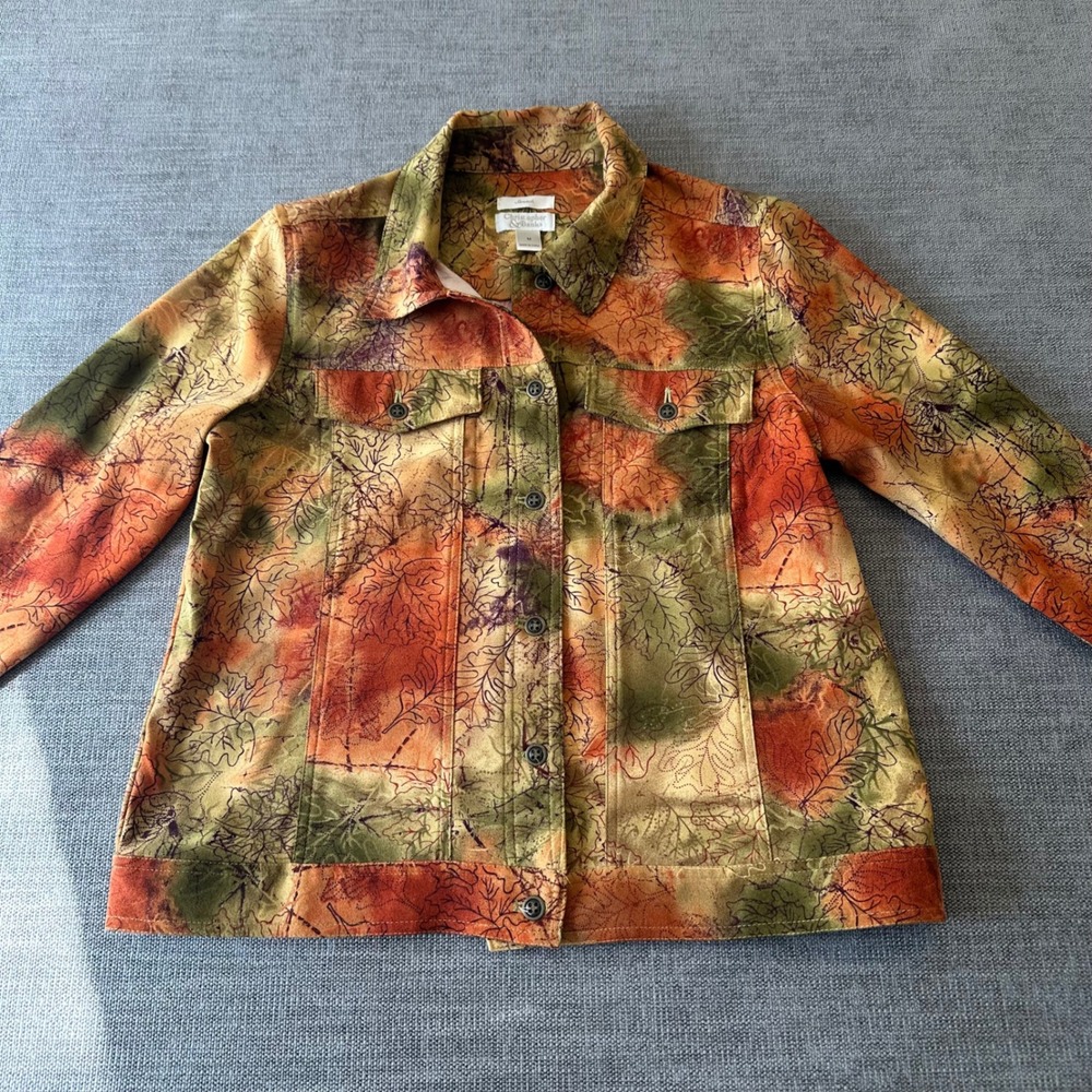Christopher & Banks Jacket Womens M Orange Green Leaf Print Stretch Fall